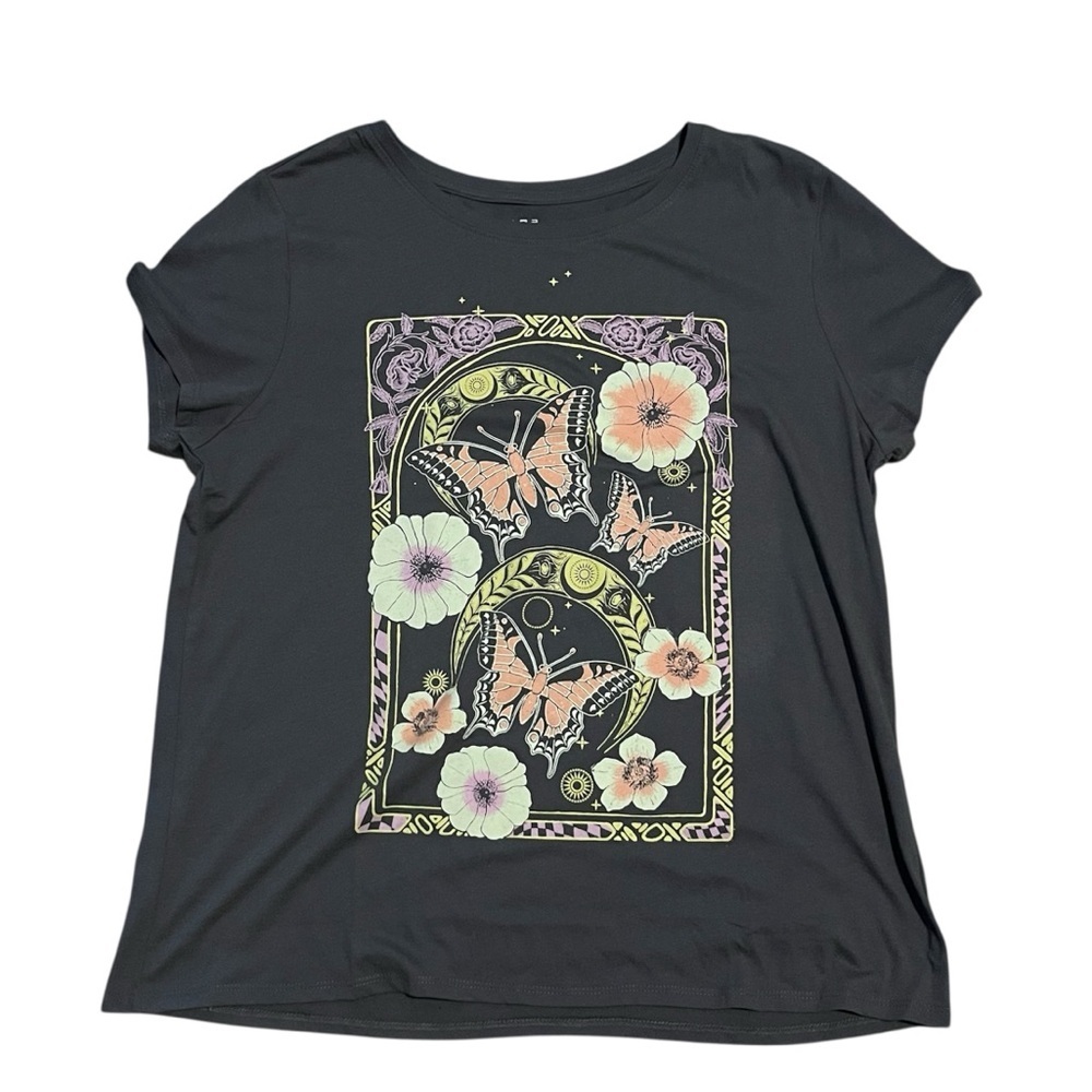 Women's Floral Butterfly T Shirt, Gray, Size Large